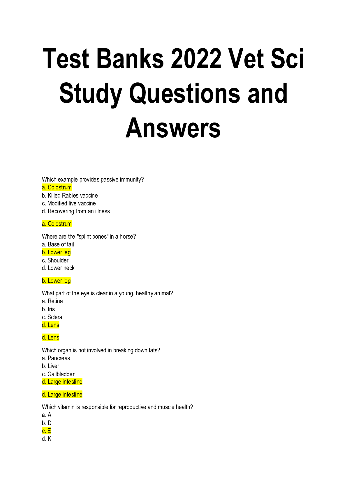 Preview image for Test Banks 2022 Vet Sci Study Questions and Answers
